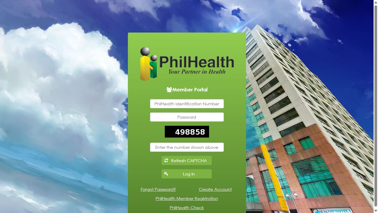 Official PhilHealth Member Portal with PIN, password, CAPTCHA and Log In controls
