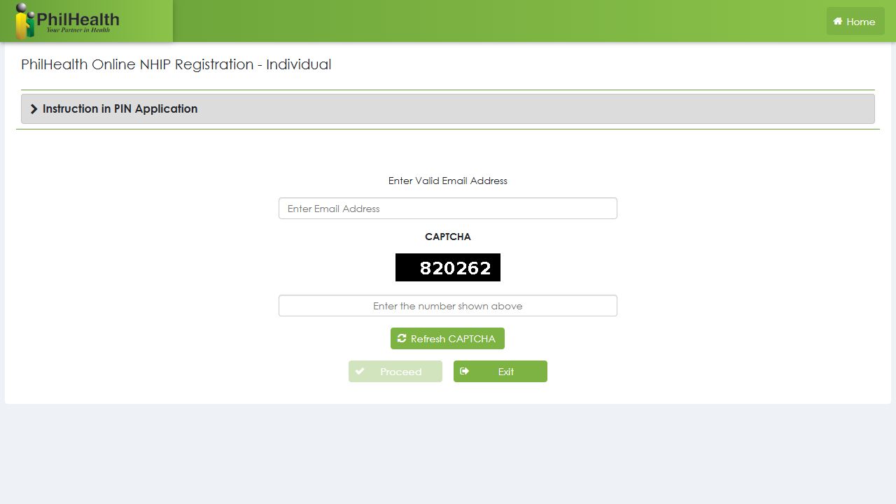 Official PhilHealth registration page showing email, CAPTCHA, Refresh CAPTCHA and Proceed controls