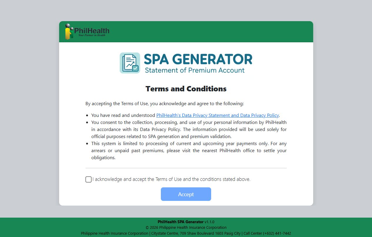 Official PhilHealth SPA Generator opening screen showing terms, acknowledgement checkbox and Accept button.