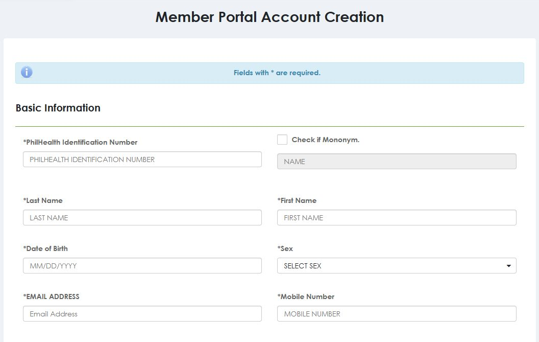 Basic Information section of the official PhilHealth account creation form
