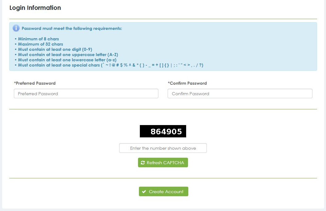 Official password requirements, password confirmation, CAPTCHA and Create Account button